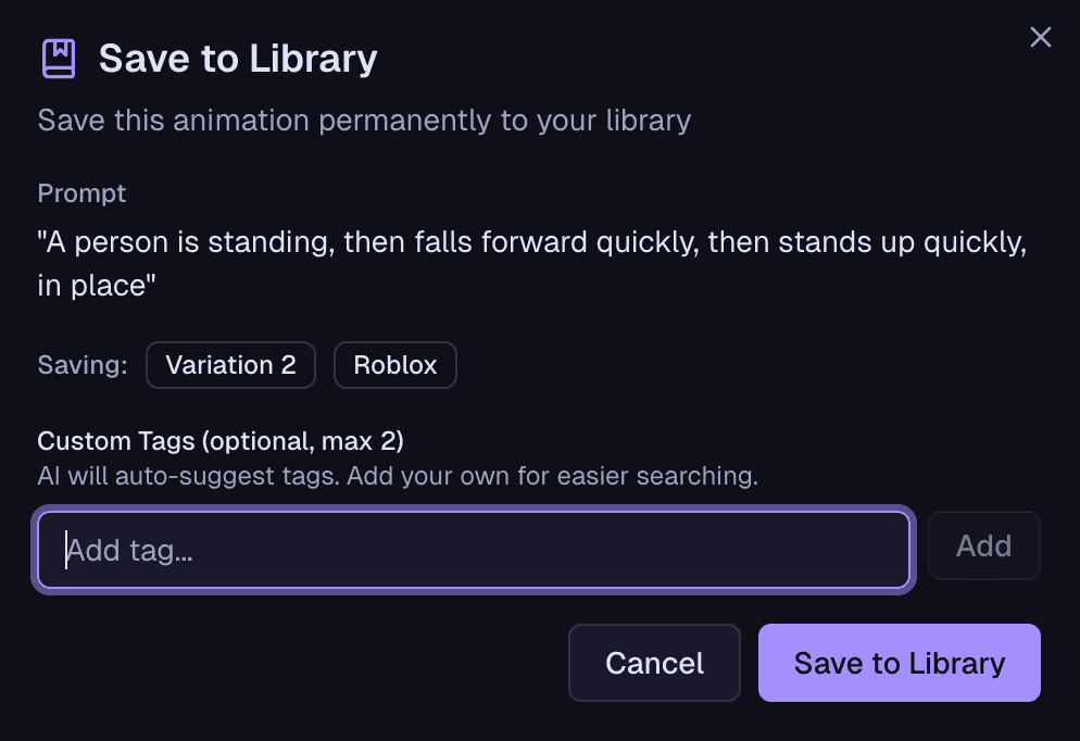 Save to library menu with tags