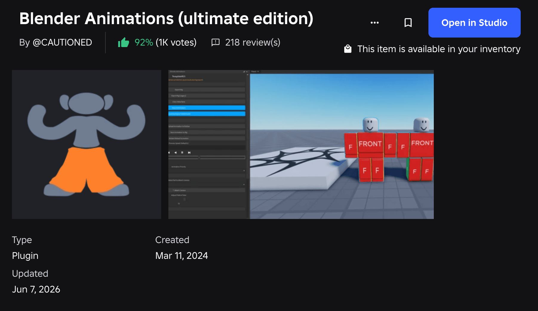 The community Blender Animations plugin on the Roblox Creator Store