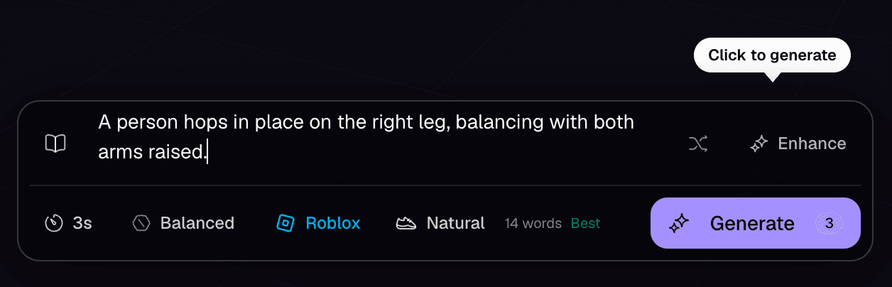 Describe a Roblox move and NoCapMocap generates a rigged R15 animation