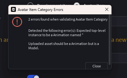 Publishing the animation directly only saves it as a development item, not an avatar item