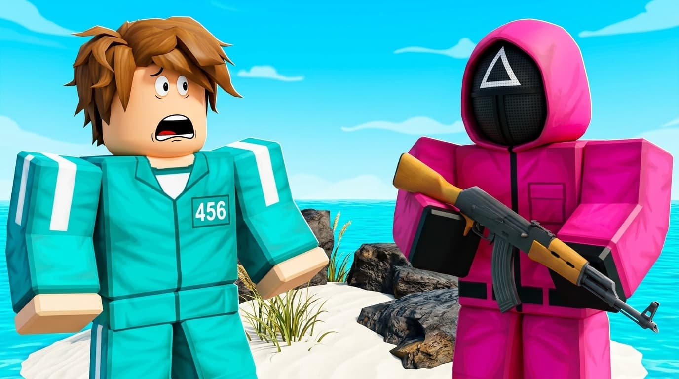 Roblox characters in a Squid Game–style scene, animated with NoCapMocap