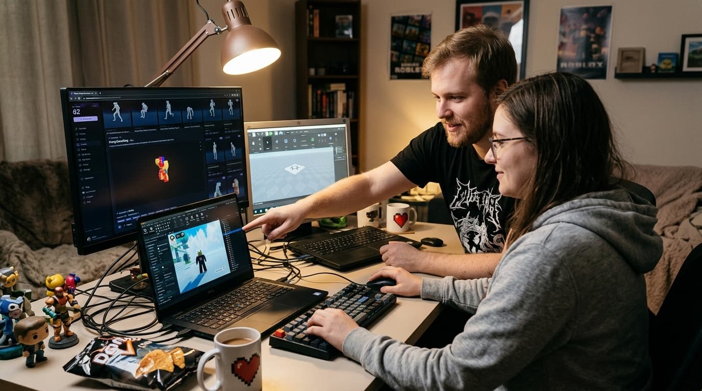 AI-generated illustration of two Roblox developers working side by side