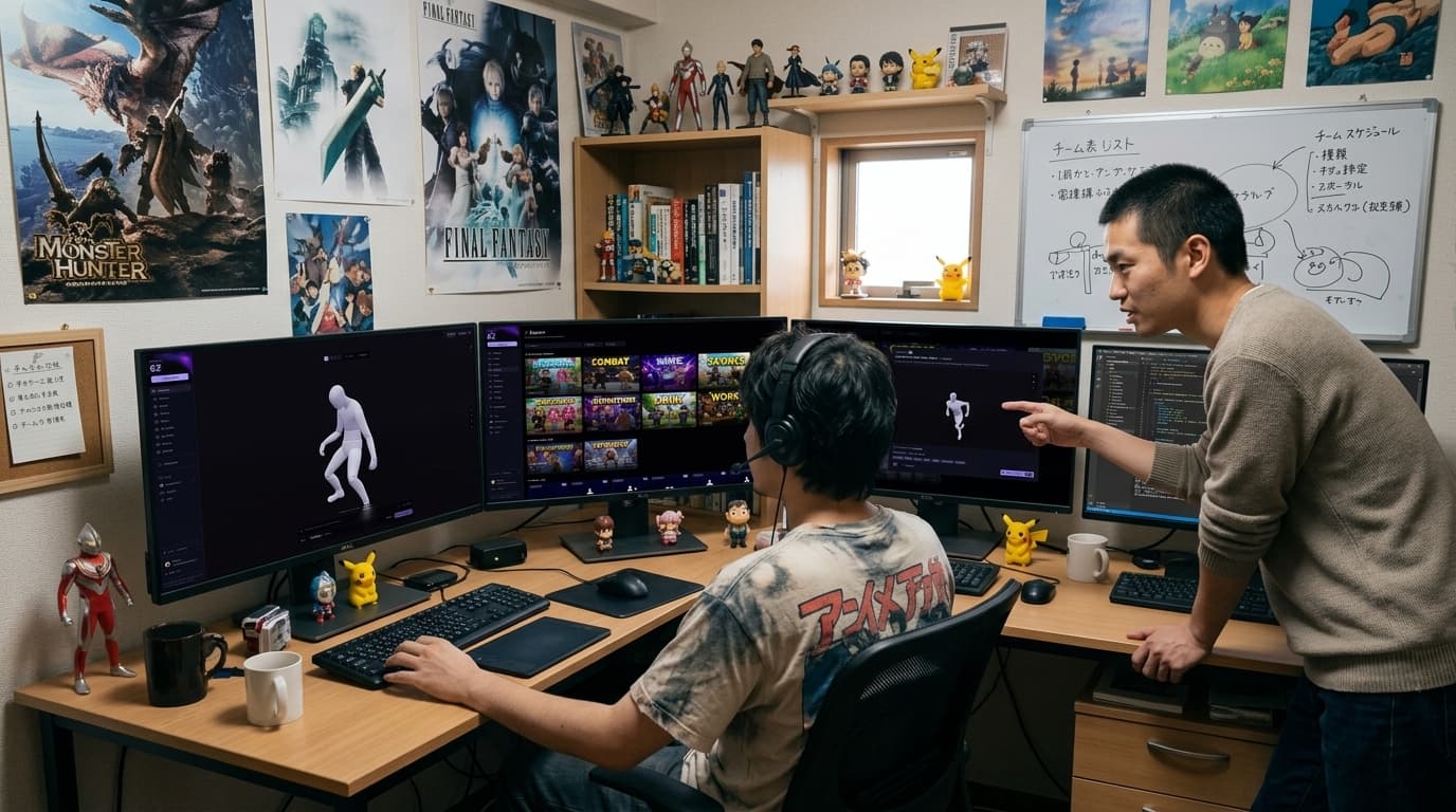 AI-generated illustration of developers in a game studio with nocapmocap on screens