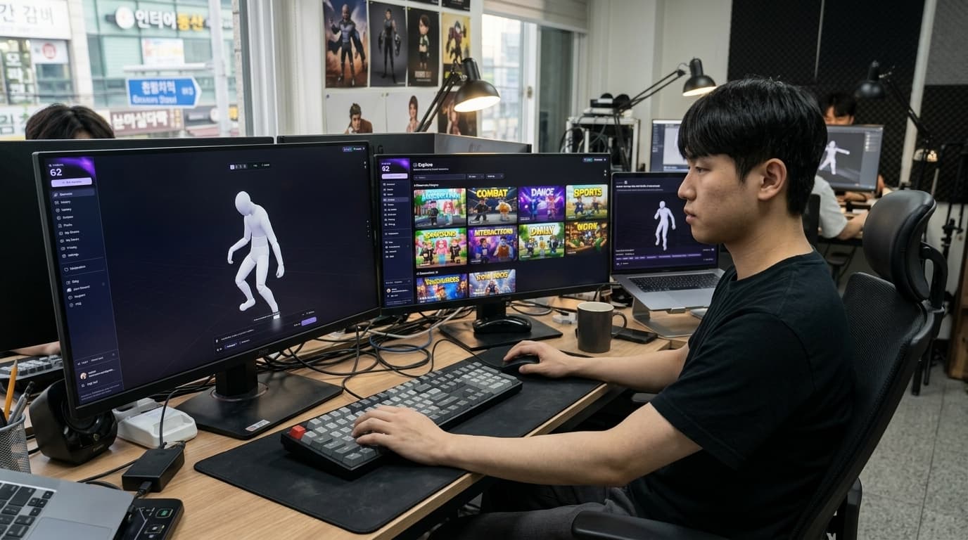 AI-generated illustration of a developer at a multi-monitor workstation using nocapmocap