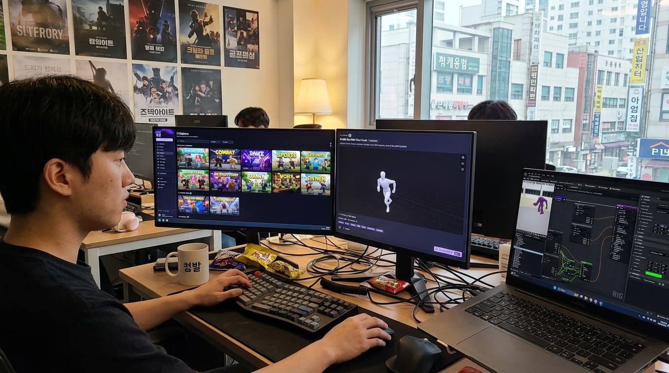 AI-generated illustration of a developer working with nocapmocap and a game engine side by side