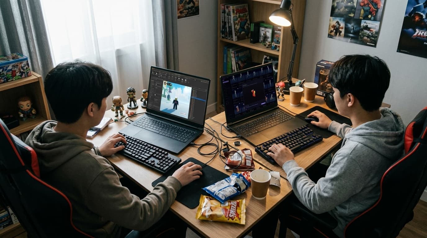 AI-generated illustration of an overhead view of Roblox developers at work