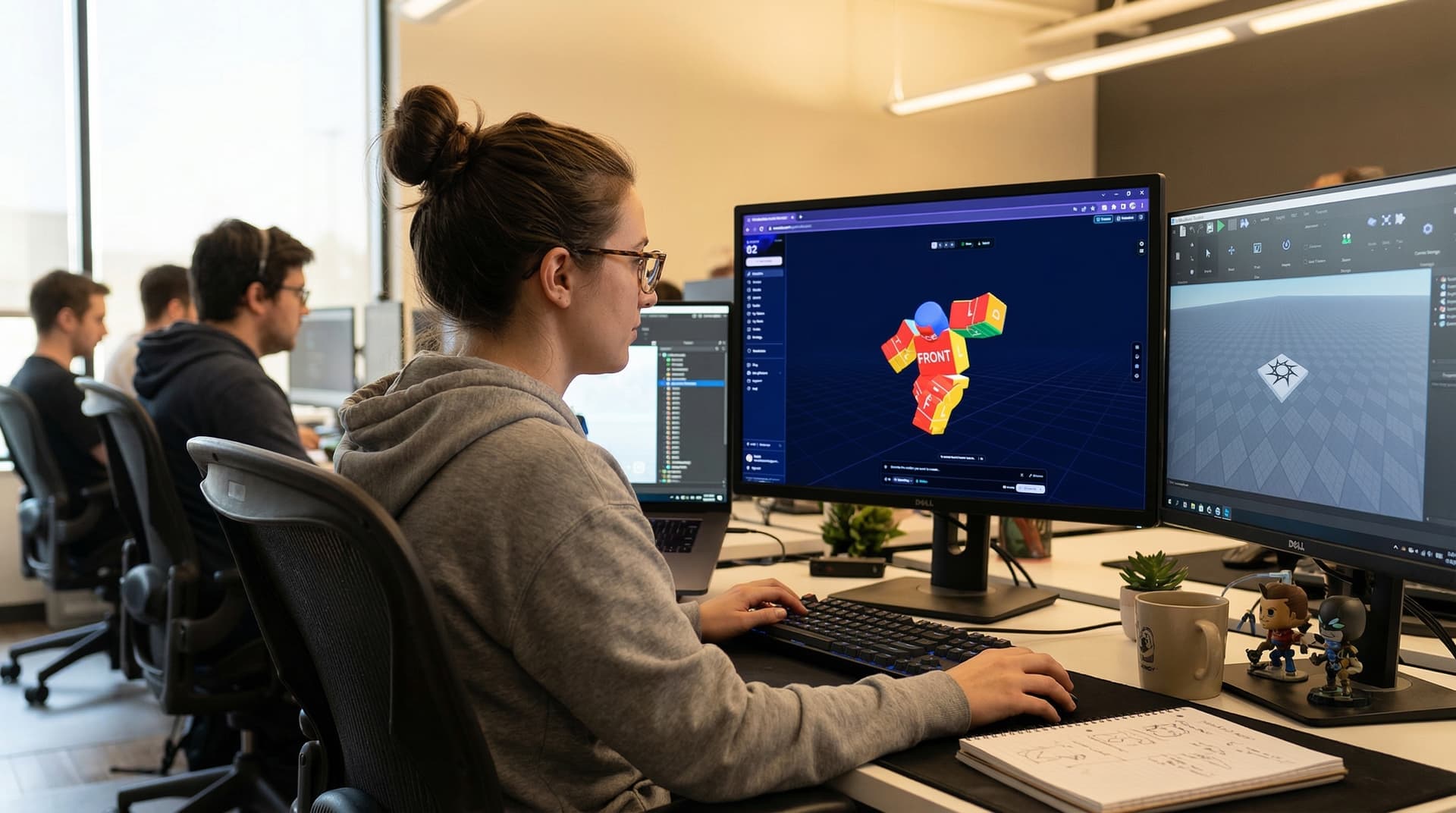 AI-generated illustration of a developer working on Roblox animations with nocapmocap