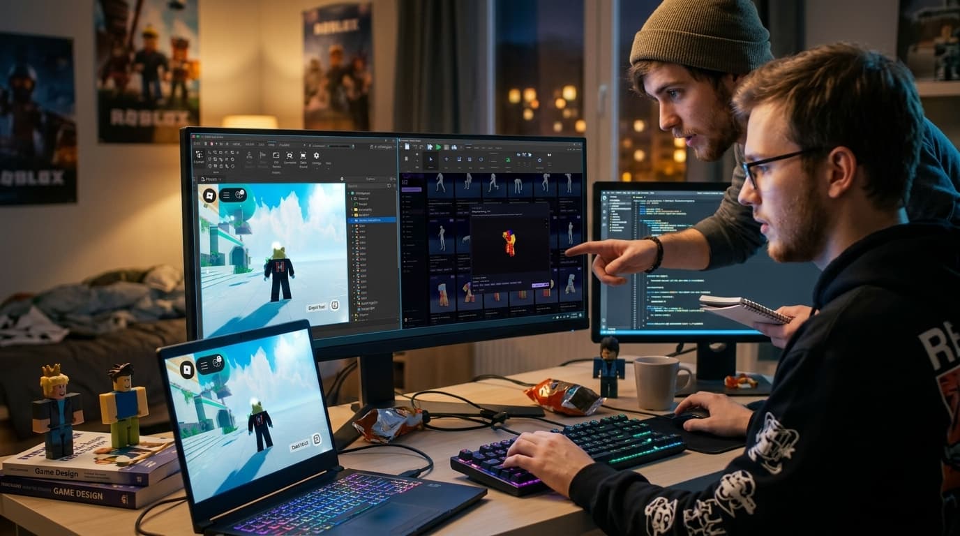 AI-generated illustration of young developers building Roblox experiences