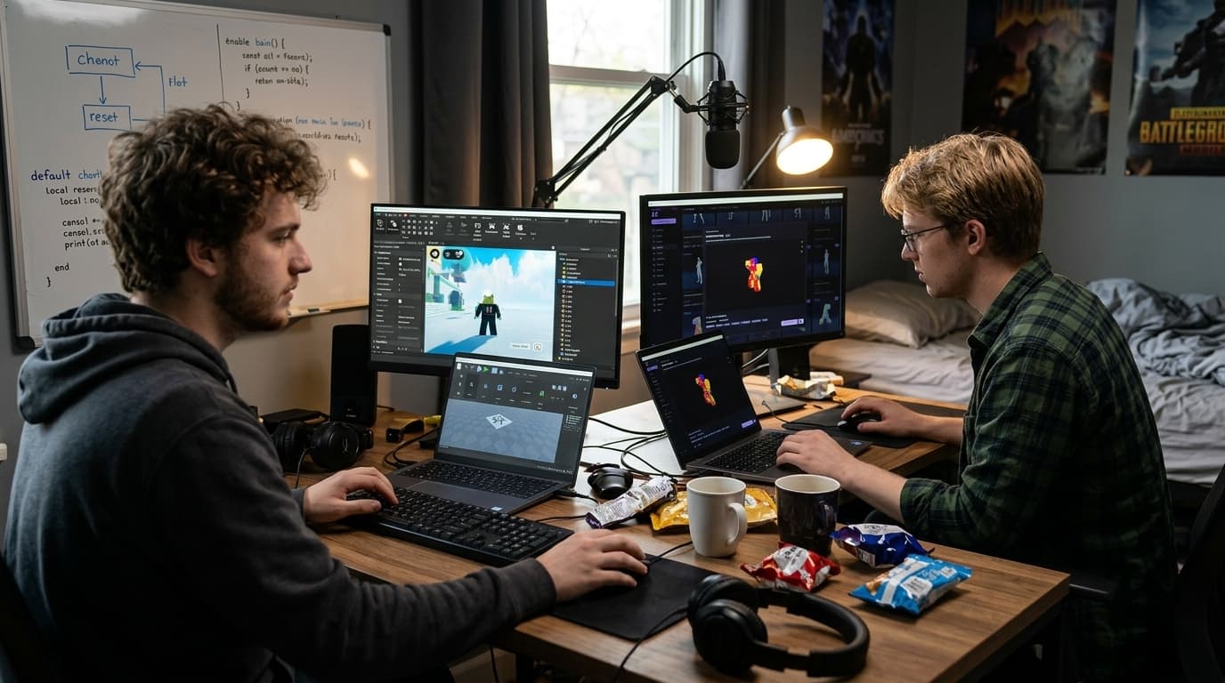 AI-generated illustration of young Roblox developers working together in a studio